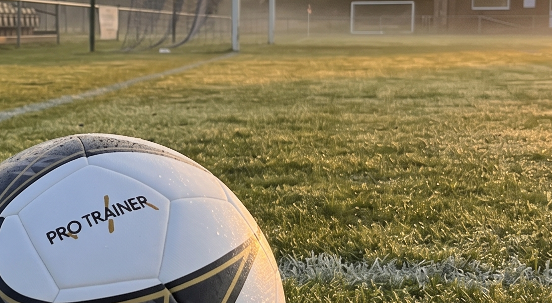 A white soccer ball with black and gold panels and the text 'PRO TRAINER' printed on it, resting on a green grass field with a blurred soccer goal in the background.